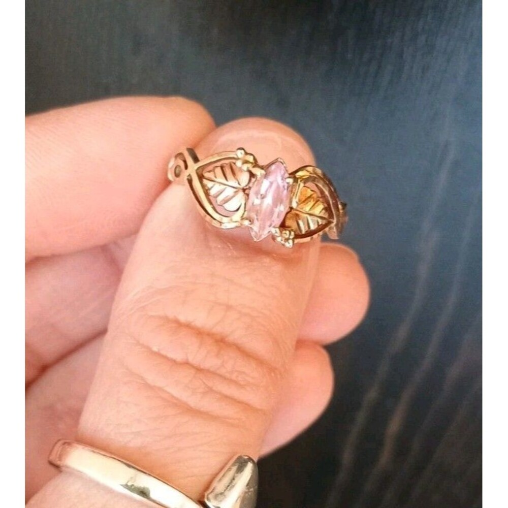 10k Black Hills Gold Grape Leaves Marquise Pink Stone Ring Size 8-8.5